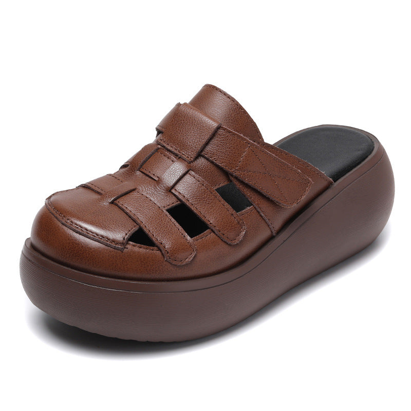 Women Retro Hollow Plaited Leather Wedge Slides-RAIIFY
