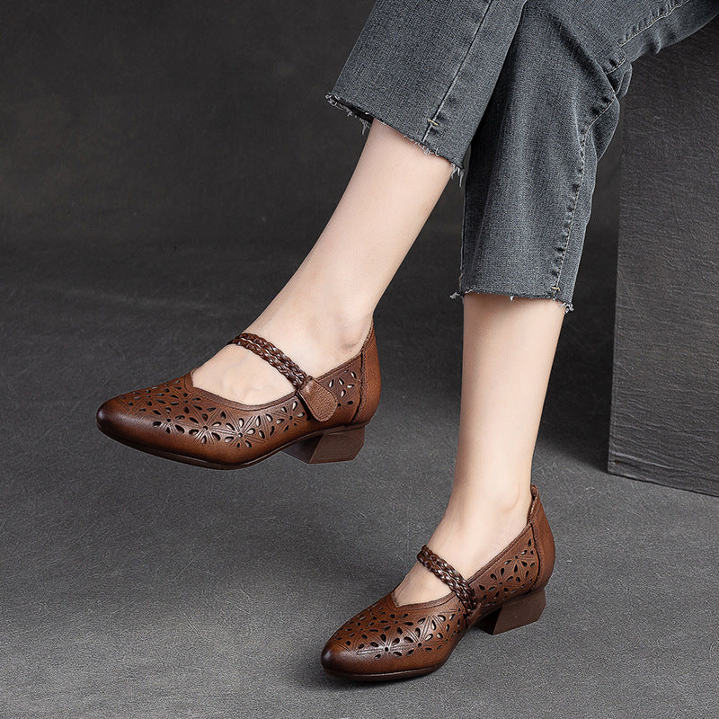 Women Summer Hollow Leather Retro Chunky Pumps-RAIIFY