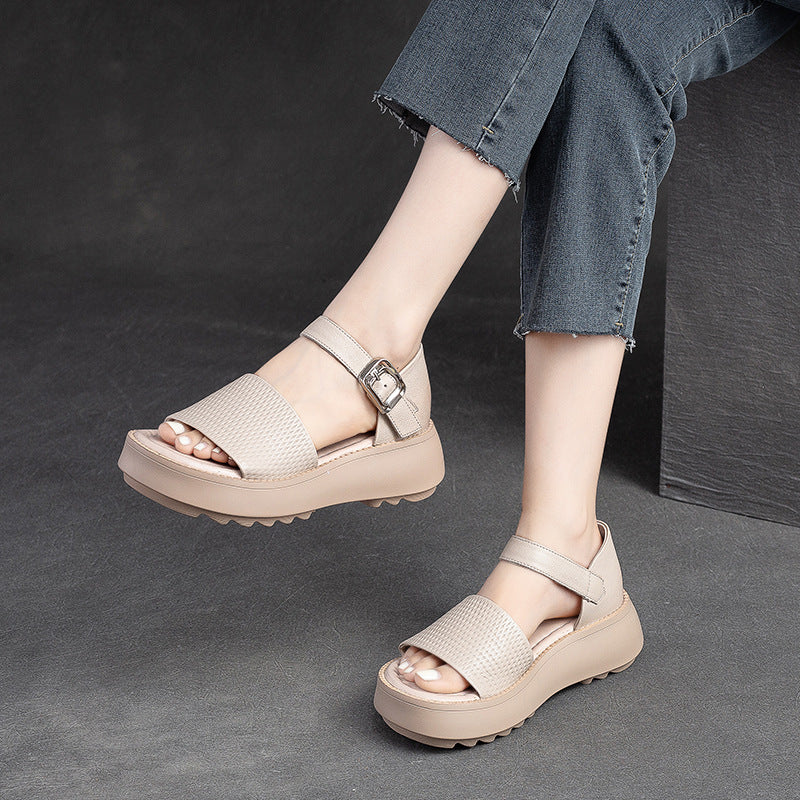 Women Retro Solid Leather Summer Platform Sandals-RAIIFY