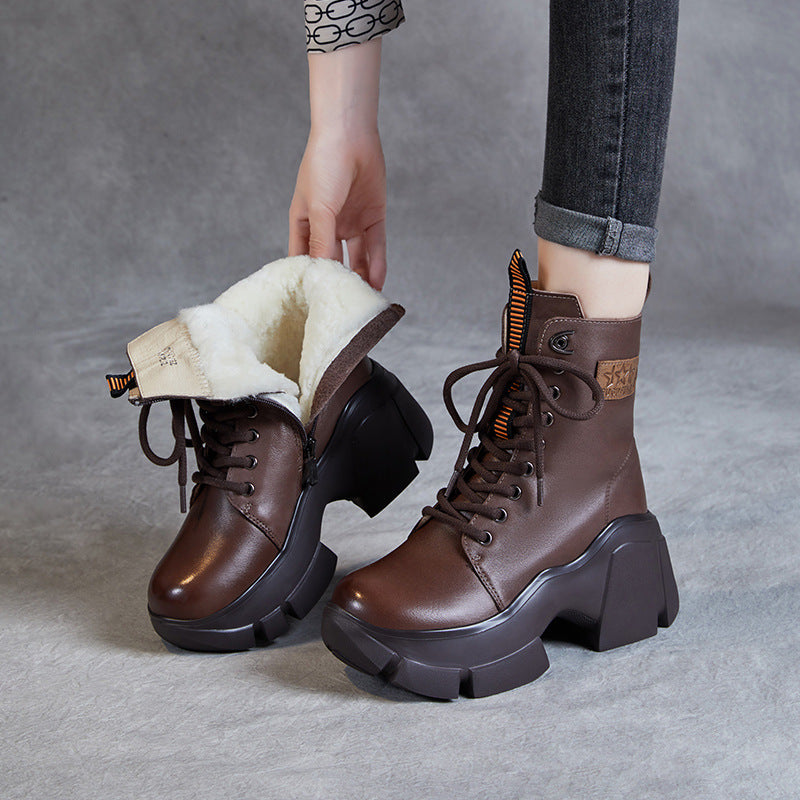 Women Fashion Leather Chunky Platform Snow Boots-RAIIFY