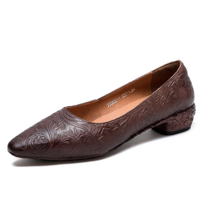 Women Retro Embossed Leather Chunky Heel Pumps Shoes-RAIIFY