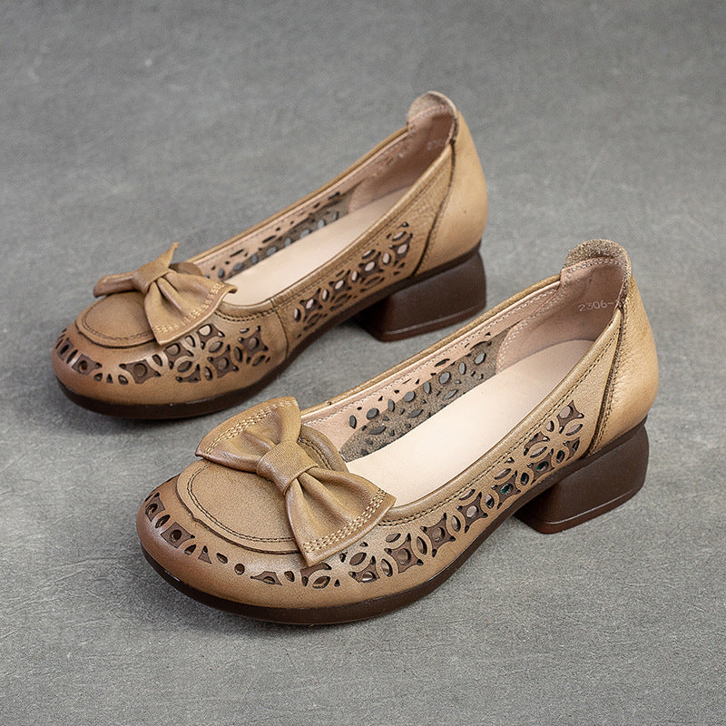 Women Summer Hollow Leather Low Chunky Heel Pumps-RAIIFY