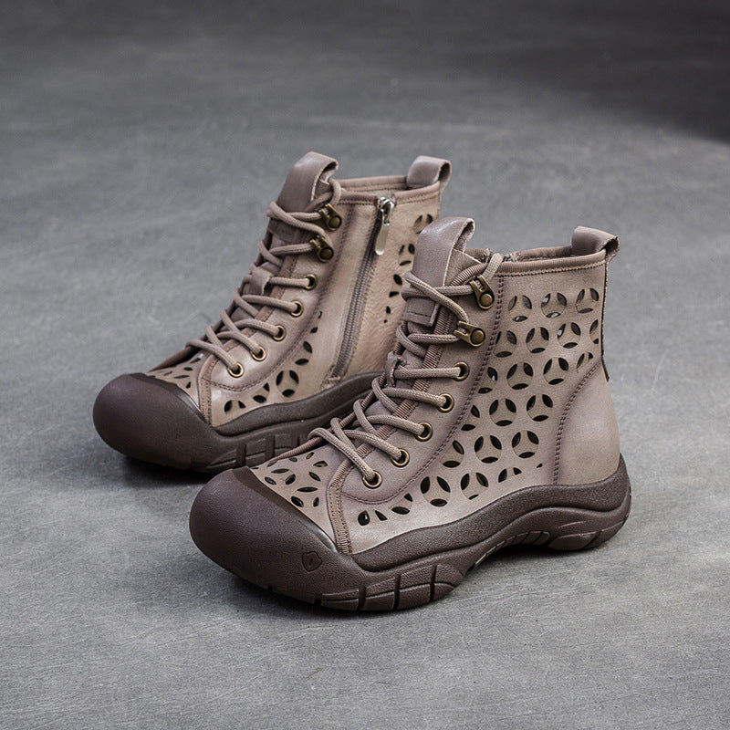 Women Retro Breathable Hollow Leather Casual Boots-RAIIFY