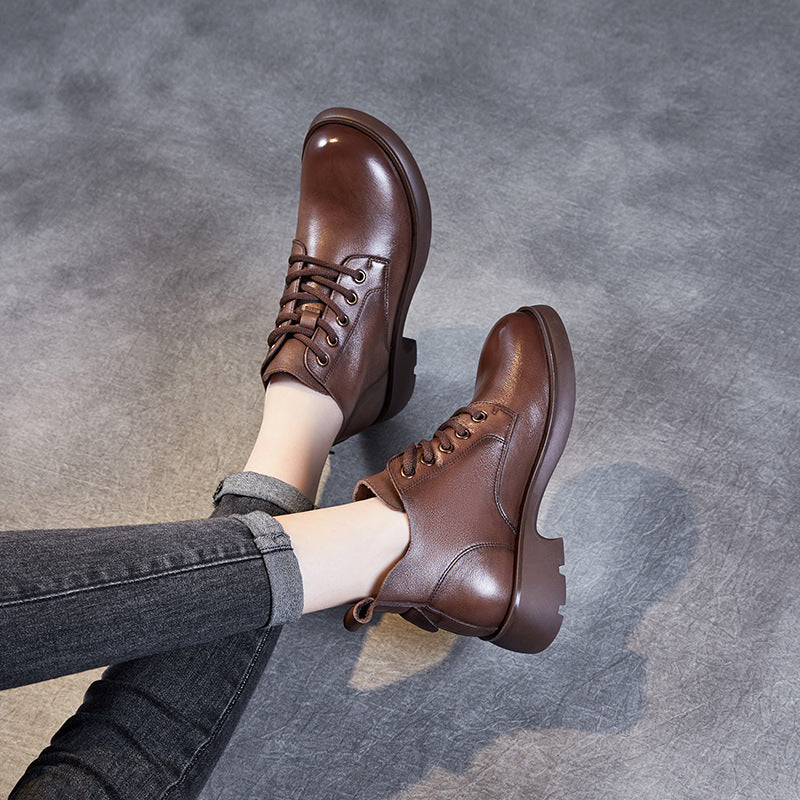 Women Minimalist Retro Leather Lace Up Ankle Boots-RAIIFY