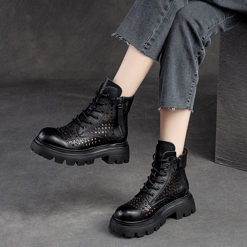 Women Summer Hollow Leather Lug Sole Boots-RAIIFY