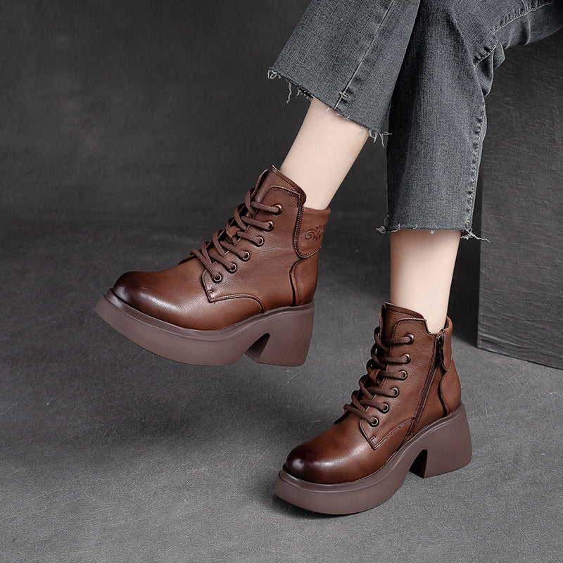 Women Retro Casual Leather Chunky Heel Boots-RAIIFY