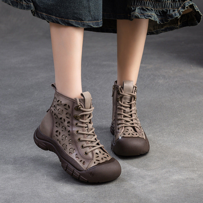 Women Retro Breathable Hollow Leather Casual Boots-RAIIFY