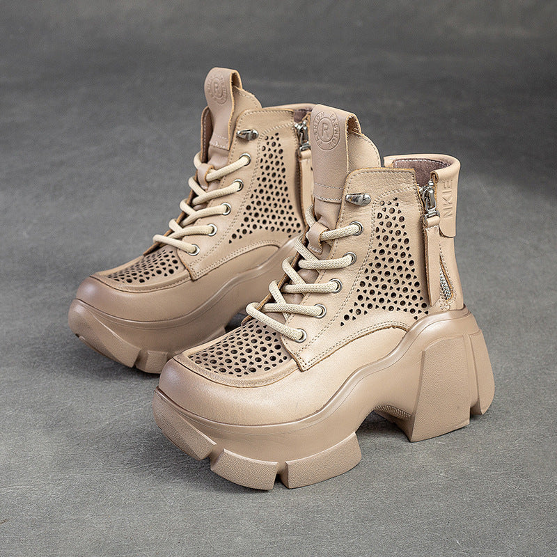 Women Summer Hollow Leather Chunky Platform Boots-RAIIFY