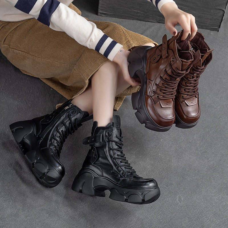 Women Winter Retro Leather Chunky Platform Boots-RAIIFY