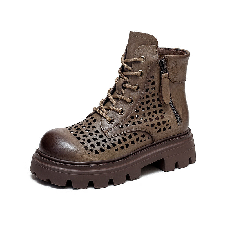 Women Summer Hollow Leather Lug Sole Boots-RAIIFY
