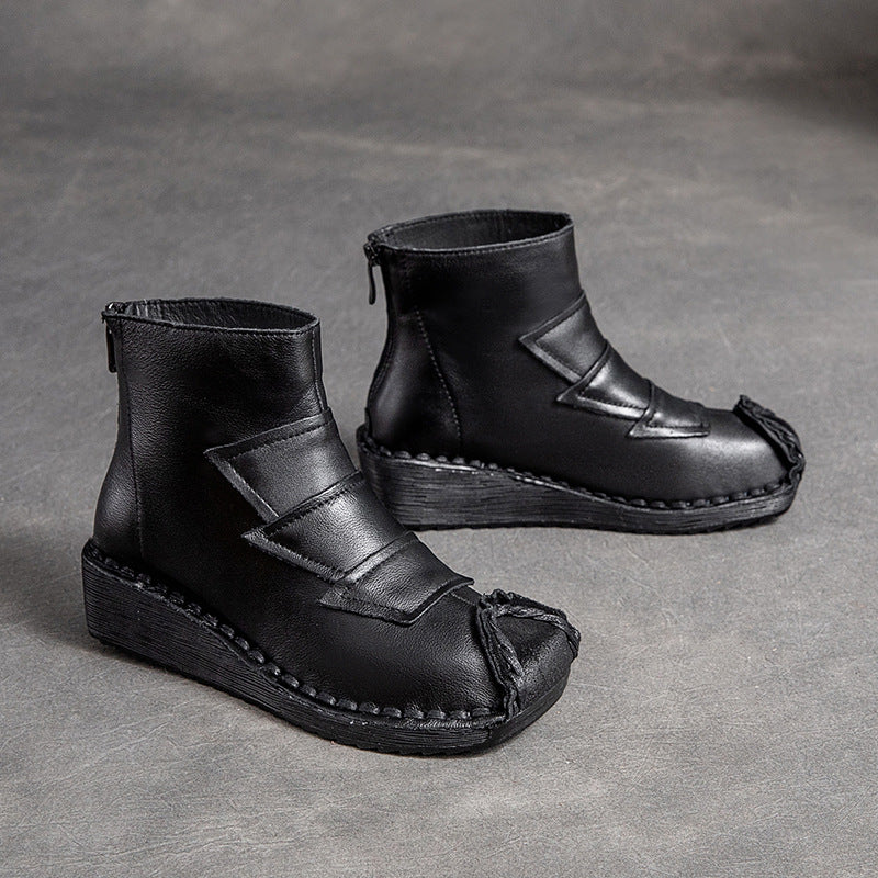 Women Retro Cowhide Low Wedge Casual Boots-RAIIFY