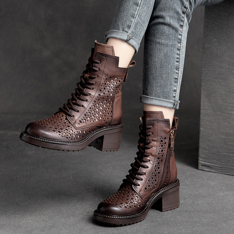 Women Retro Hollow Leather Patchwork Chunky Heel Boots-RAIIFY
