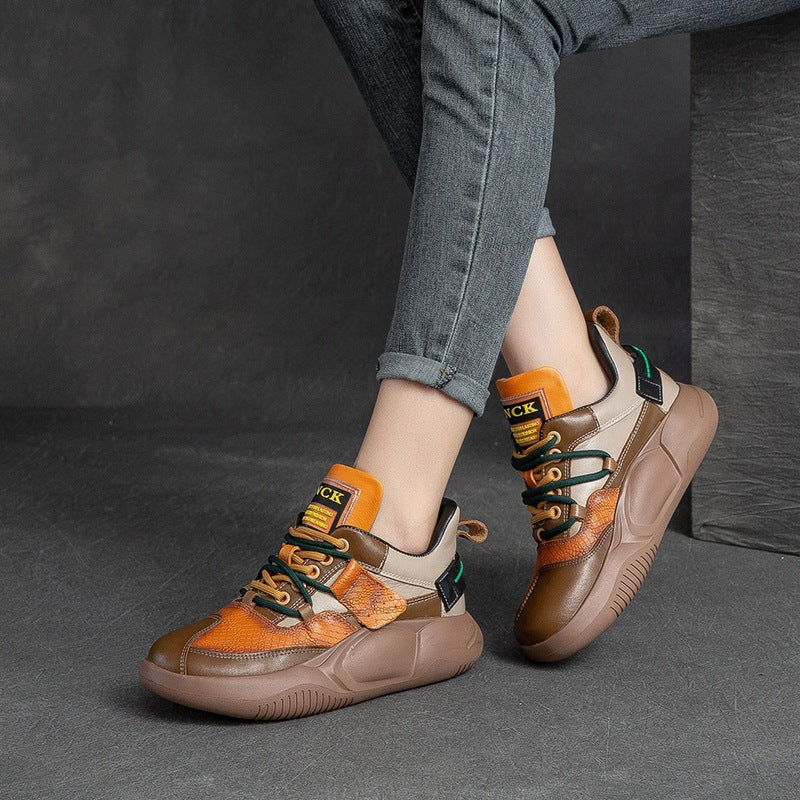 Women Casual Retro Patchwork Leather Sneakers-RAIIFY