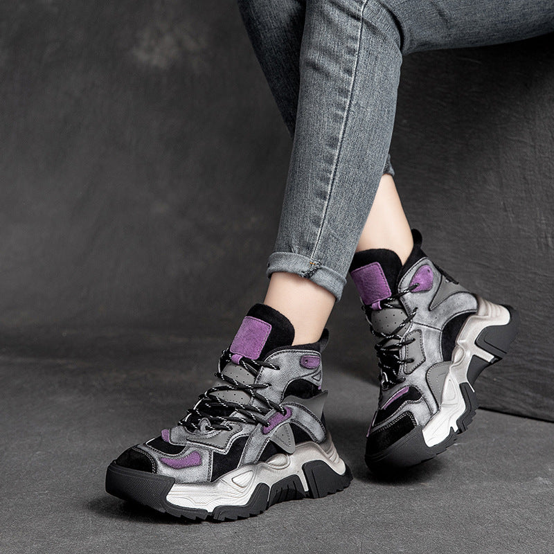 Women Retro Fashion Patchwork Leather Casual Boots-RAIIFY