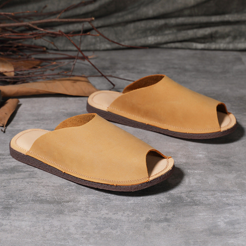 Women Retro Soft Cowhide Summer Flat Slides-RAIIFY