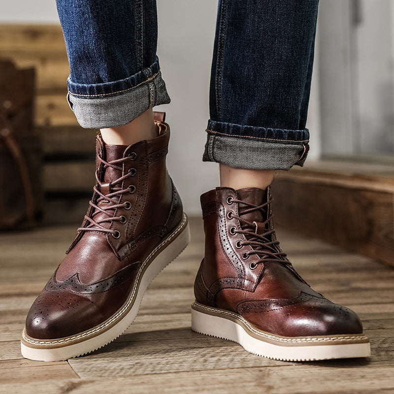 Men Retro Polished Carve Cowhide Leather Boots-RAIIFY