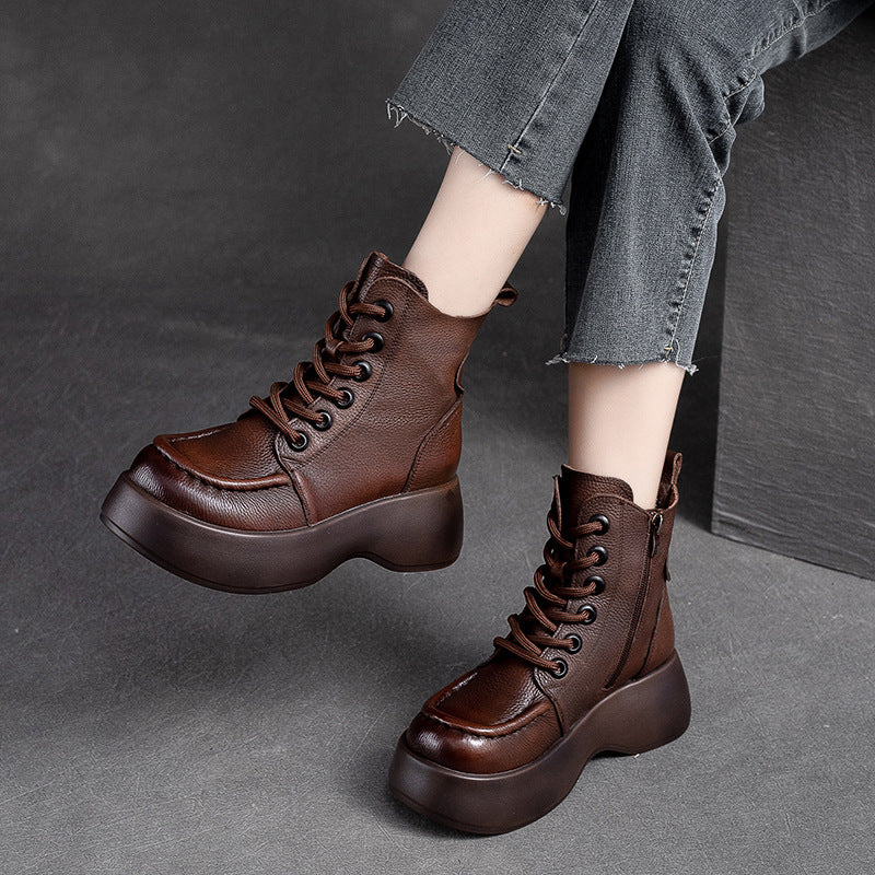 Women Retro Solid Leather Platform Boots-RAIIFY