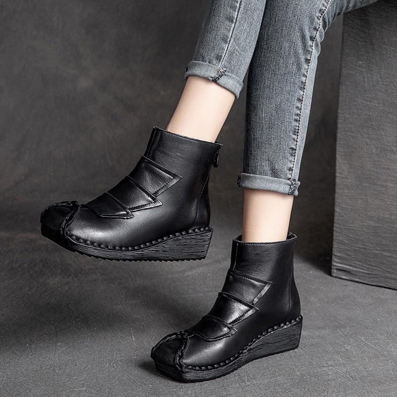 Women Retro Cowhide Low Wedge Casual Boots-RAIIFY