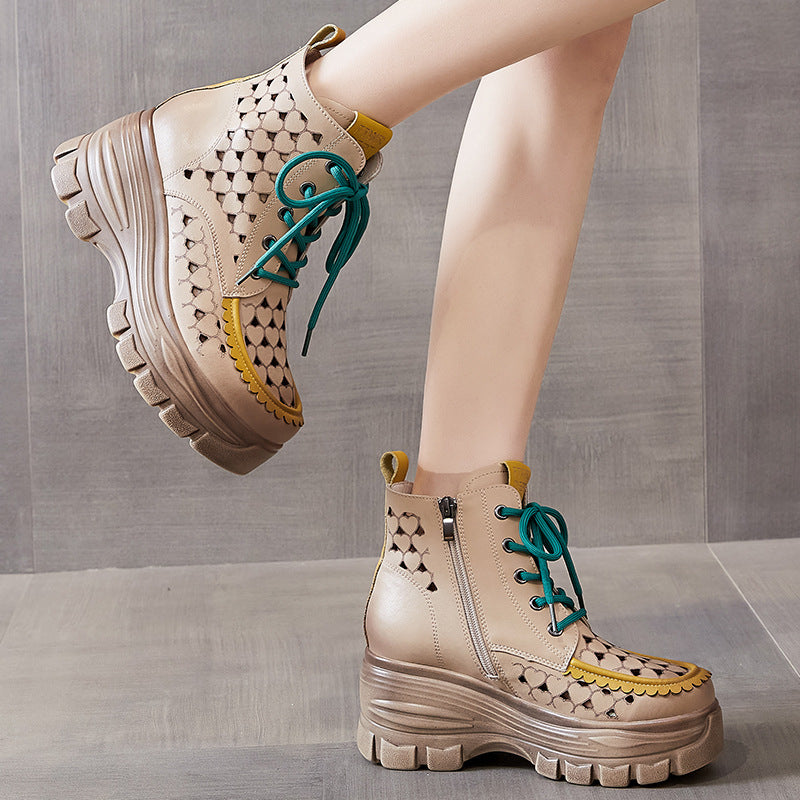 Women Summer Hollow Leather Platform Boots-RAIIFY