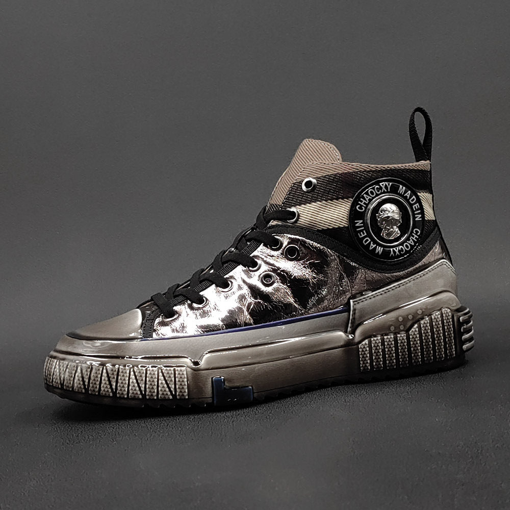 Men Stylish Glossy Leather Patchwork High Top Casual Shoes-RAIIFY