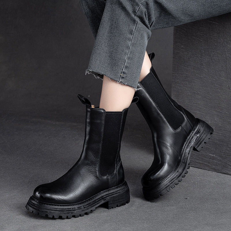 Women Retro Minimalist Leather Mid-Calf Boots-RAIIFY