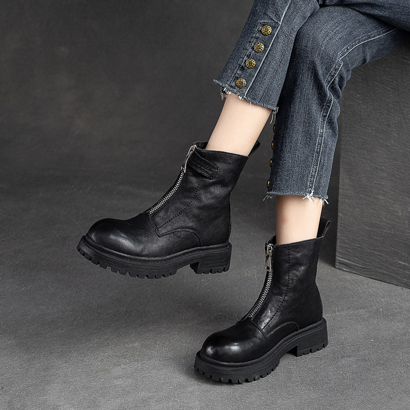 Women Retro Casual Font Zipper Leather Boots-RAIIFY