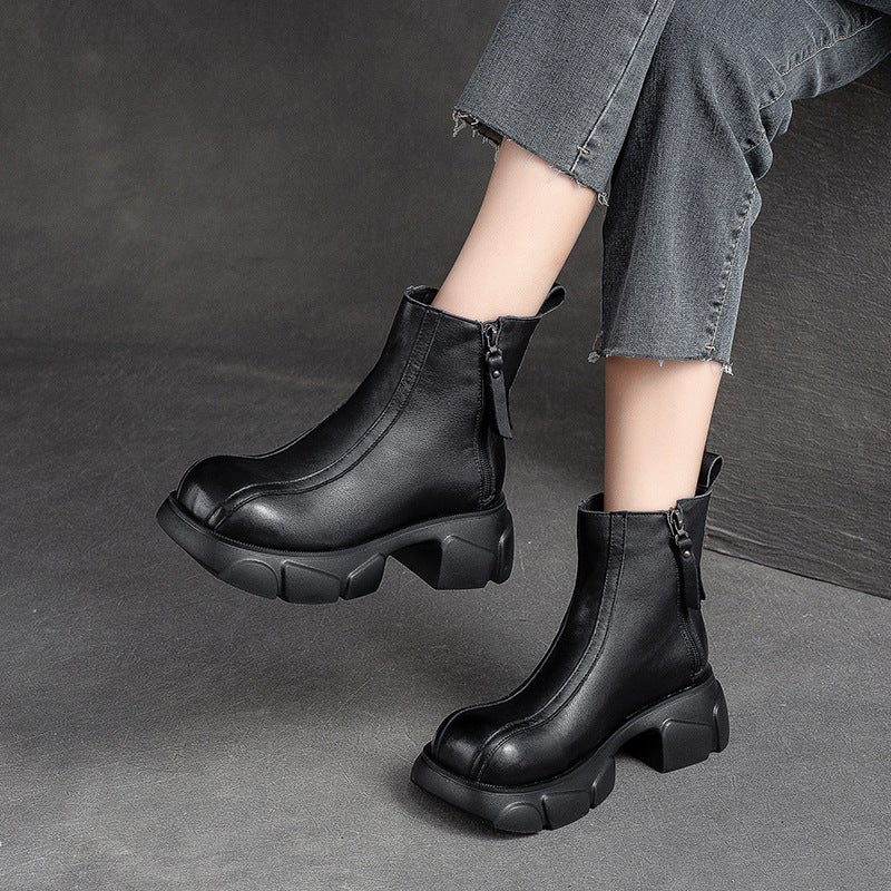 Women Retro Minimalist Casual Leather Chunky Heel Boots-RAIIFY