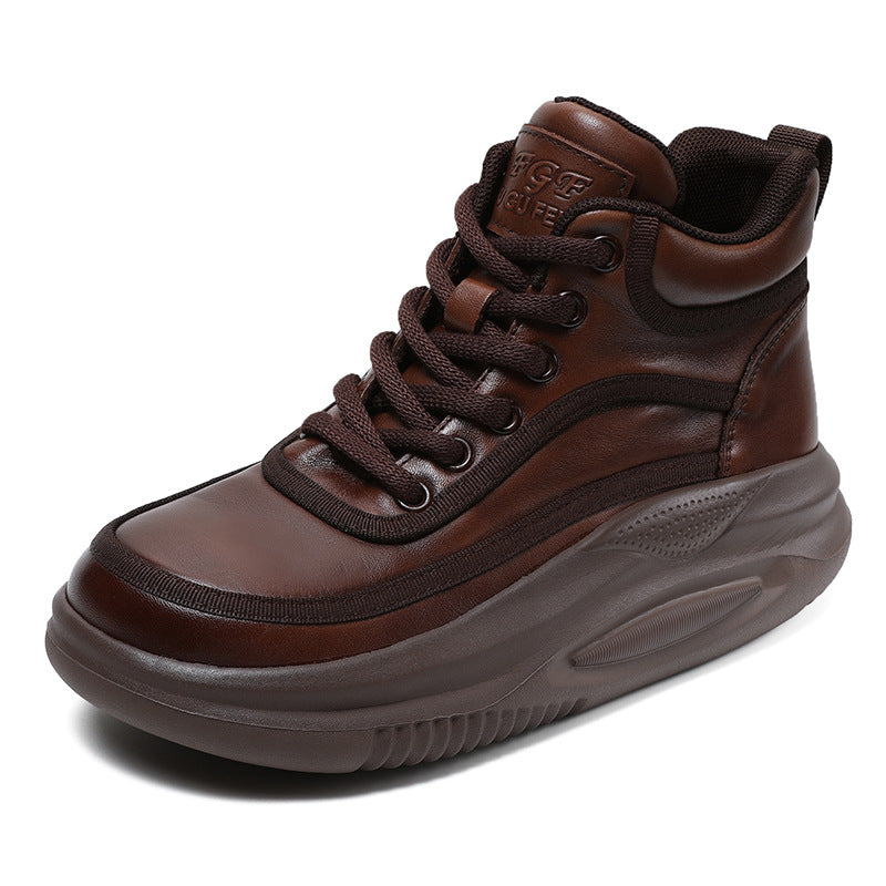 Women Retro Leather High-Top Thick Soled Casual Shoes-RAIIFY