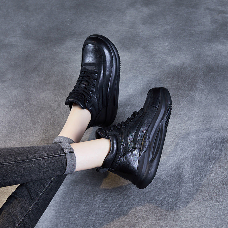Women Retro Leather High-Top Thick Soled Casual Shoes-RAIIFY