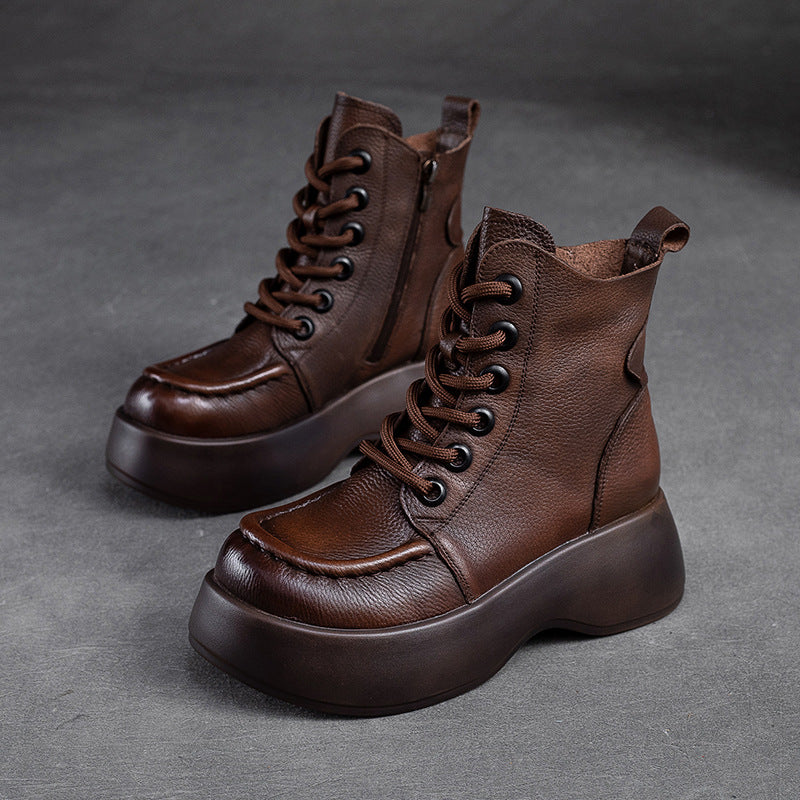 Women Retro Solid Leather Platform Boots-RAIIFY