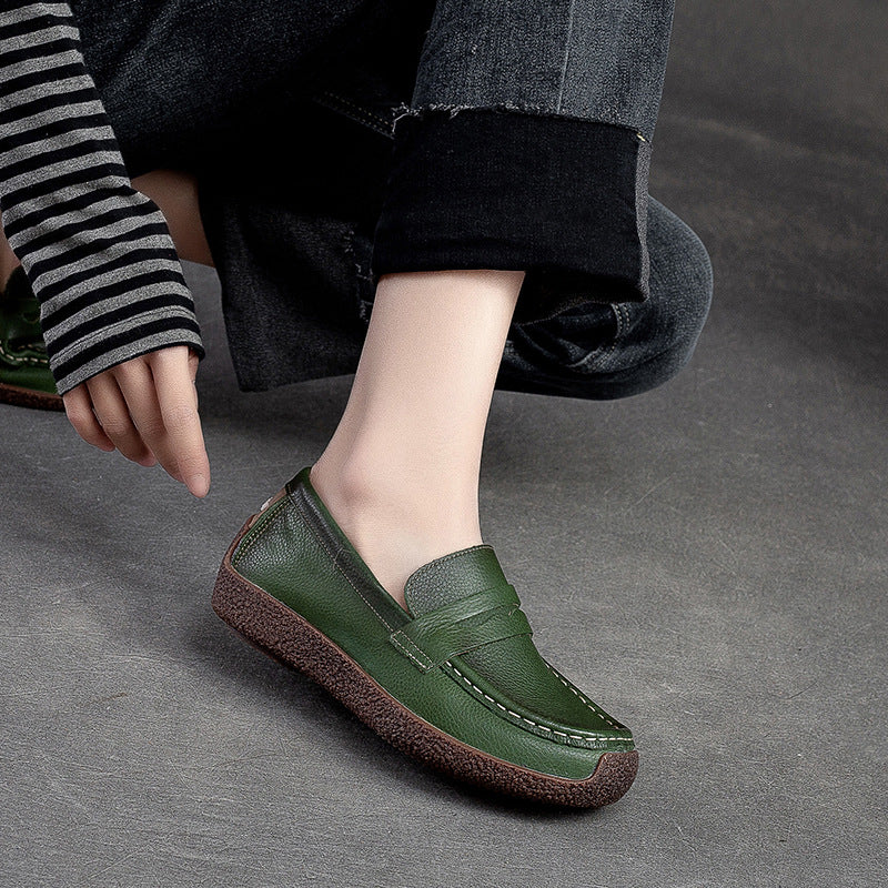 Women Retro Solid Leather Flat Casual Loafers-RAIIFY