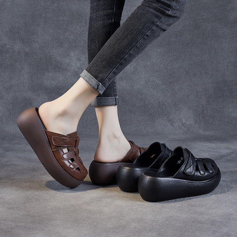 Women Retro Hollow Plaited Leather Wedge Slides-RAIIFY