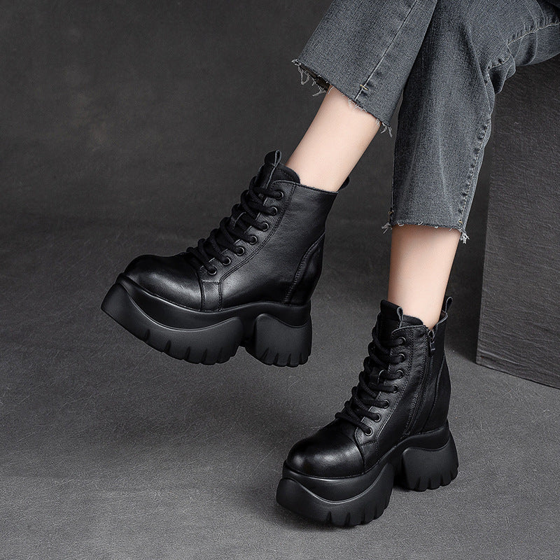 Women Retro Leather Minimalist Chunky Platform Boots-RAIIFY