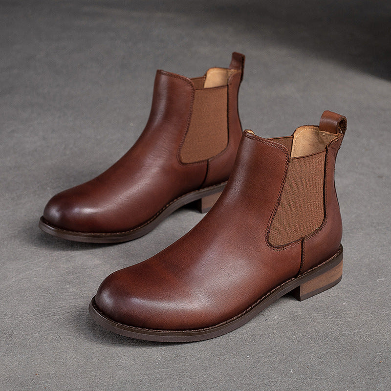 Women Retro Minimalist Leather Flat Ankle Boots-RAIIFY