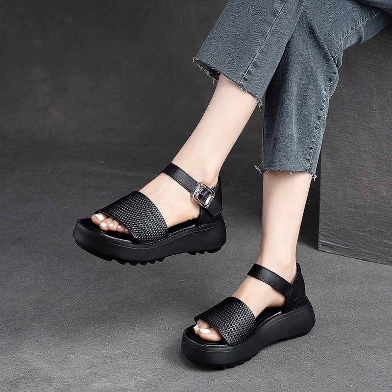 Women Retro Solid Leather Summer Platform Sandals-RAIIFY