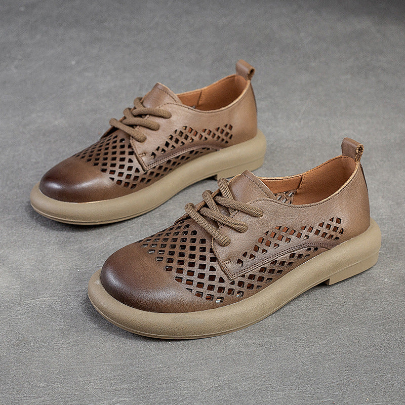 Women Summer Retro Hollow Leather Flat Casual Shoes-RAIIFY
