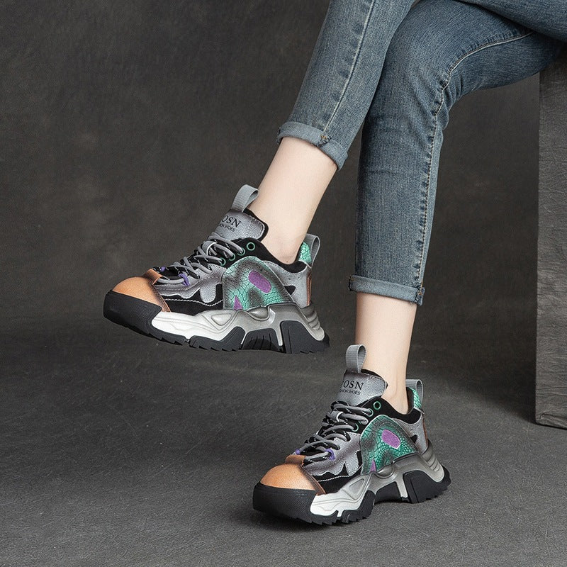 Women Patchwork Leather Retro Platform Dad Sneakers-RAIIFY
