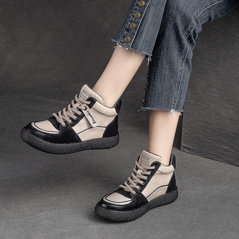 Women Retro Patchwork Leather Flat Casual Boots-RAIIFY