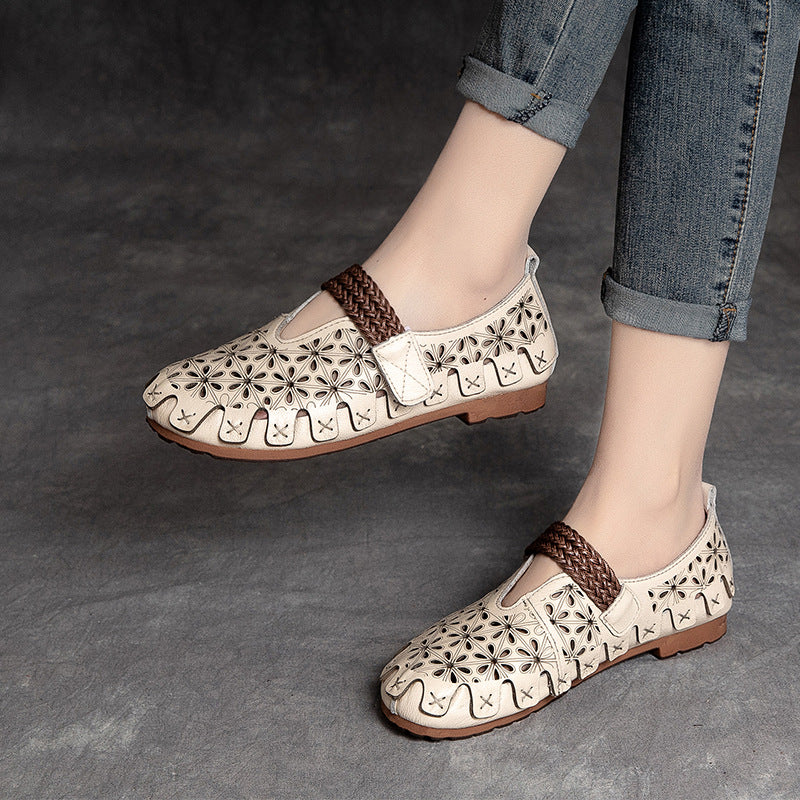 Women Summer Retro Soft Hollow Leather Flats-RAIIFY