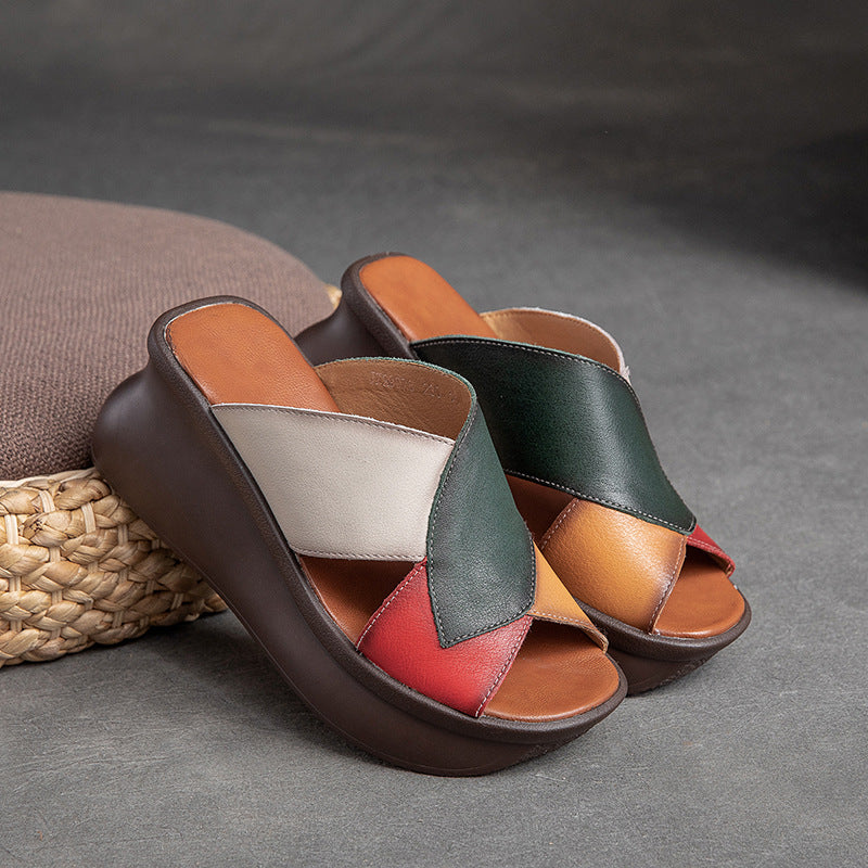Women Summer Retro Leather Wedge Slide Sandals-RAIIFY