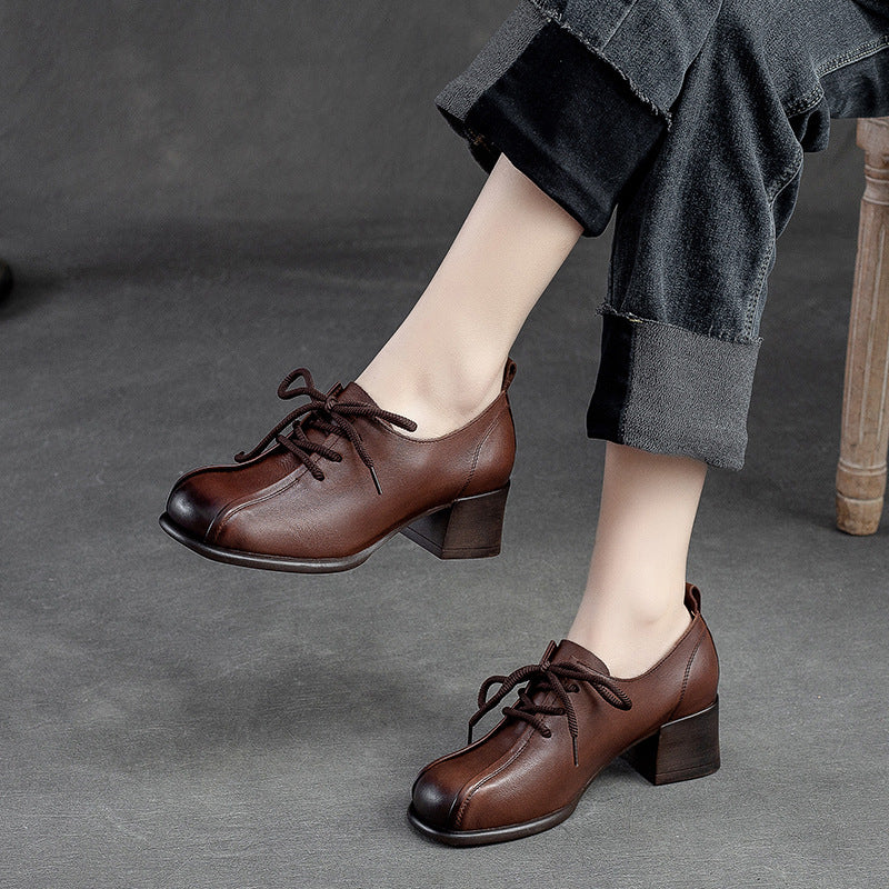 Women Soft Leather Minimalist Chunky Heel Casual Shoes-RAIIFY