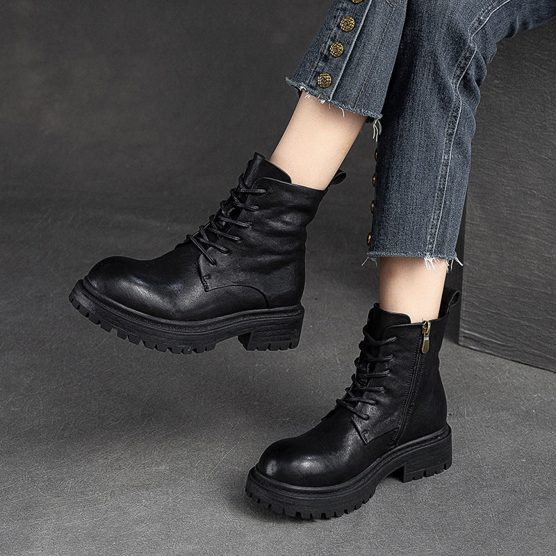 Women Retro Patchwork Leather Handmade Casual Boots-RAIIFY