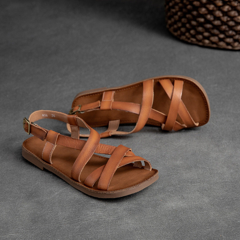 Women Summer Retro Leather Flat Casual Sandals-RAIIFY