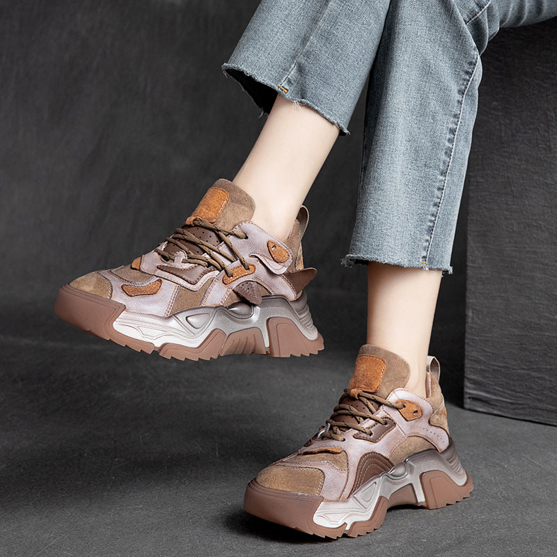 Women Retro Patchwork Leather Dad Sneakers-RAIIFY