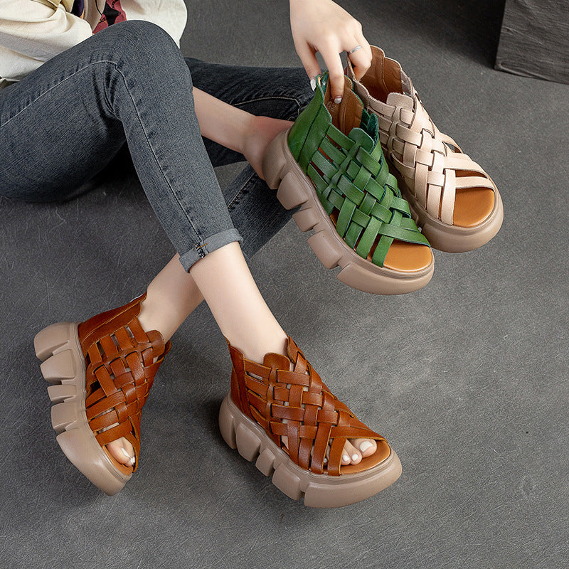 Women Summer Plaited Leather Retro Casual Sandals-RAIIFY
