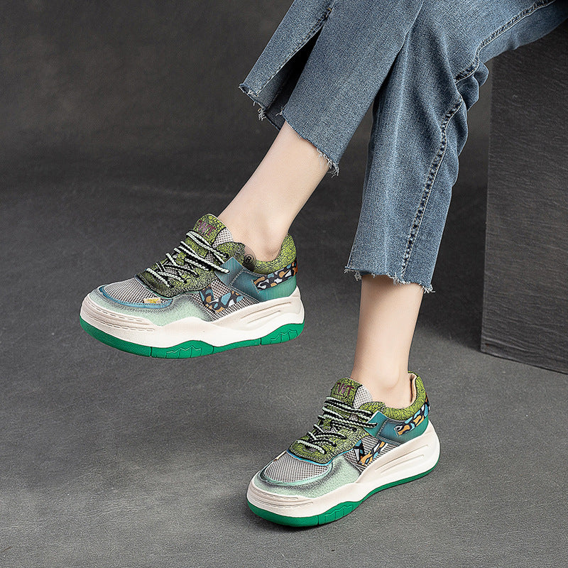 Women Fashion Breathable Mesh Leather Casual Dad Sneakers-RAIIFY