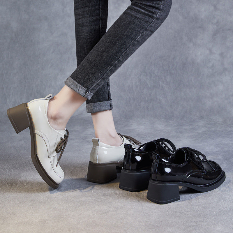 Women Minimalist Soft Glossy Leather Chunky Heel Shoes-RAIIFY