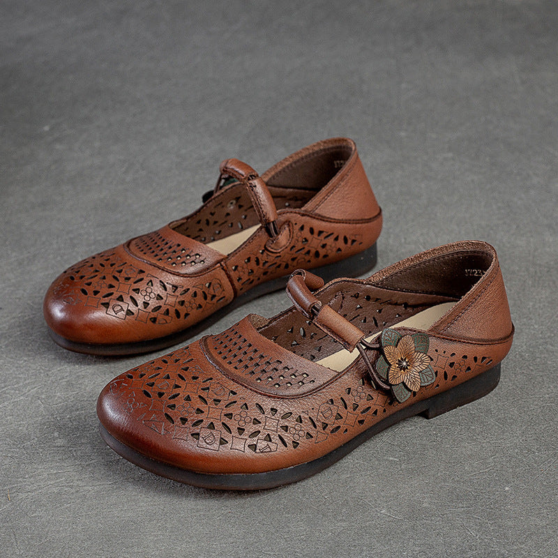 Women Summer Hollow Soft Leather Flats-RAIIFY