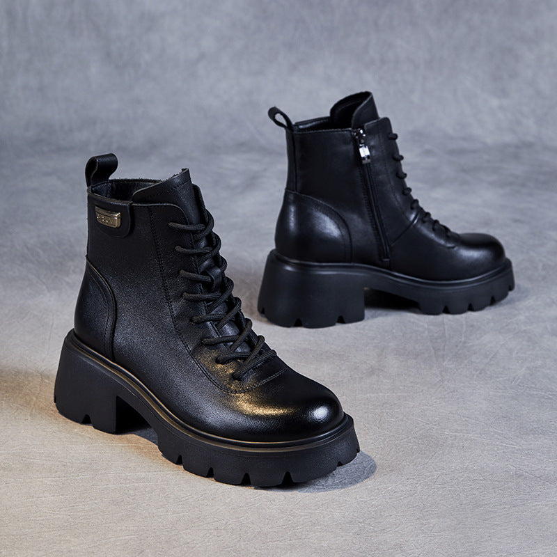 Women Retro Minimalist Leather Chunky Heel Boots-RAIIFY