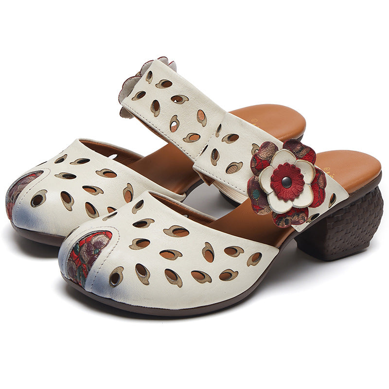 Women Hollow Leather Casual Summer Heel Slides-RAIIFY